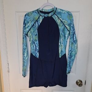 Shein Blue and Green Leaf Print Onepeice Swimsuit